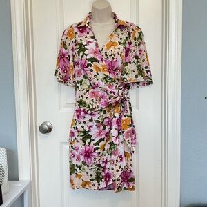 NWOT SHEIN Size Large Floral Collared Wrap Dress Flutter Sleeves